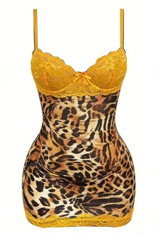 Yellow/Animal Lace Mini  Dress