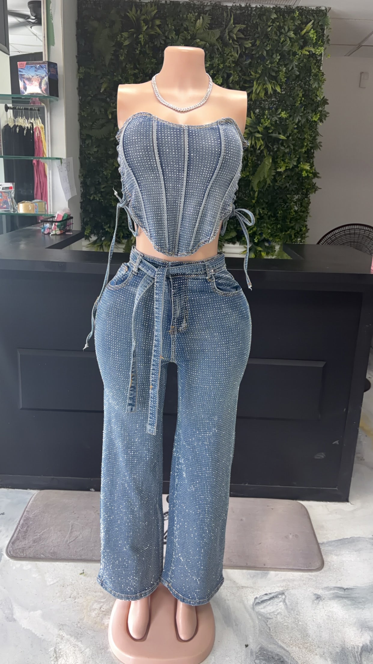 Studded Jean Corset Set